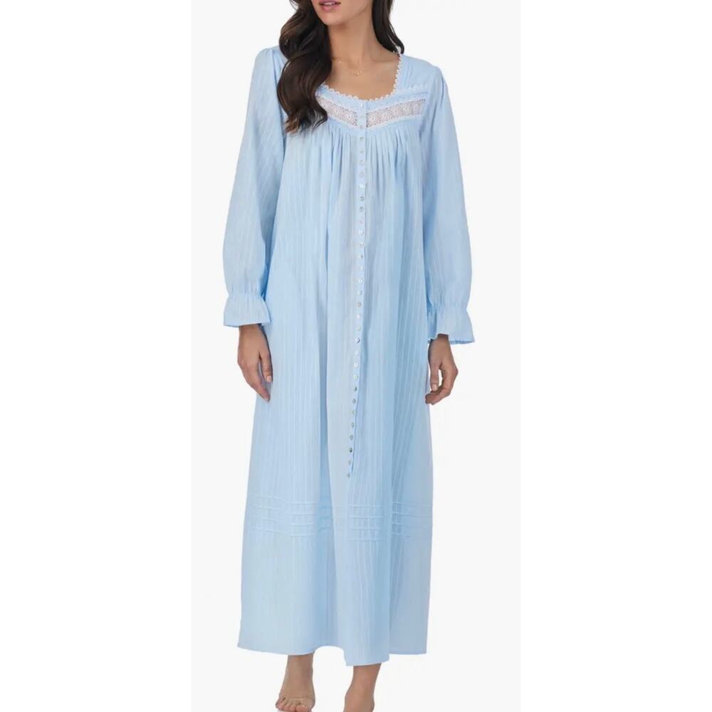 Eileen West Long Sleeve Cotton Dobby Nightgown Blue Size M Cottagecore